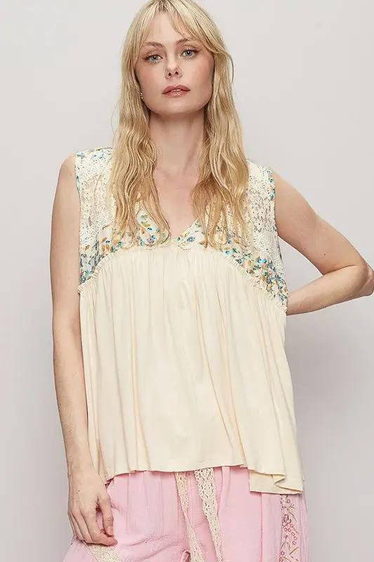 POL Lace Detail Frill Floral V-Neck Sleeveless Top Women - Love Salve